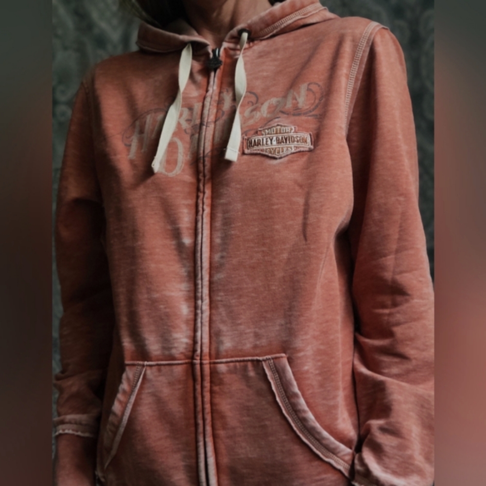 Size M Women's Harley-Davidson Lightweight Orange Full-Zip Fleece Burnout Hoodie